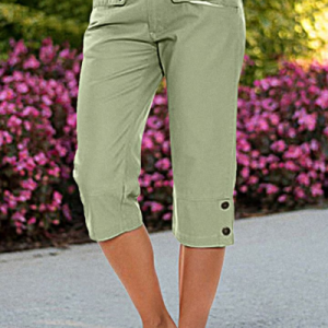 Buttoned Casual Loose Plain Button Detail Low Waist Capris Pants, Pants, color:Green|size:XXL, JustFashionNow