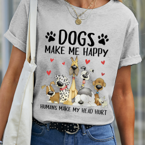 Women's Funny Word Dog Make Me Happy Cotton Casual Dog T-Shirt, color:Gray|size:3XL, Lilicloth.com