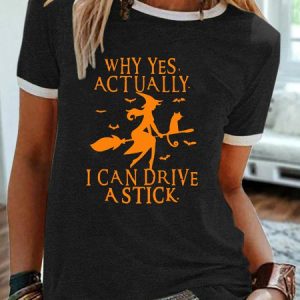 Women's Funny Halloween Witch Cat Crew Neck T-shirt, color:Black|size:3XL, Lilicloth.com