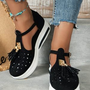 Breathable Hollow out Tassel T-Strap Shoes, Flats, color:Black|size:43, JustFashionNow