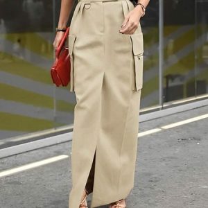 Regular Size Regular Fit Plain Urban Skirt, Skirts, color:Khaki|size:XXL, Stylewe