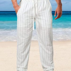 Cotton-Blend Striped Loose Casual Pants, Pants, color:White|size:3XL, JustFashionNow