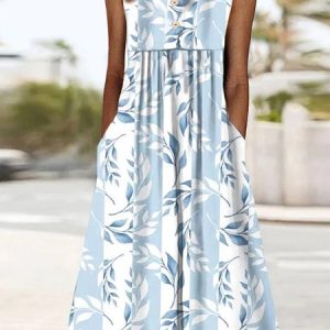 Casual Crew Neck Ruched Floral Dress, Maxi, color:Blue|size:XXL, Noracora