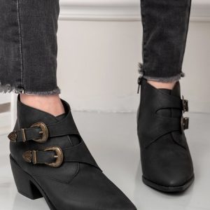 Double Buckle Decor Block Heel Western Boots, Boots, color:Black|size:41, JustFashionNow