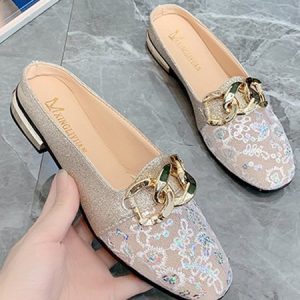 Fashion Urban Comfortable Metal Chain Lace Mules Shoes, Flats, color:Golden|size:40, JustFashionNow