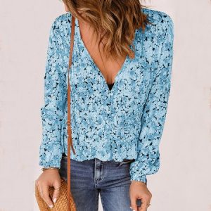 V Neck Long Sleeve Disty Floral Regular Loose Shirt For Women, Blouses, color:Sky Blue|size:XXL, Noracora