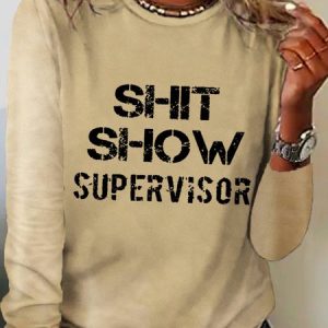 Women's Shit Show Supervisor Simple Long sleeve Top, color:Khaki|size:3XL, Lilicloth.com