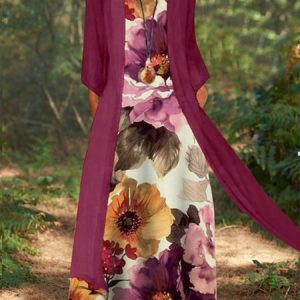 Ladies Loose Chiffon Floral Dress-Two Piece Set, Sets, color:Red|size:XXL, Noracora