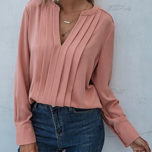 V Neck Urban Plain Blouse, Shirts & Blouses, color:Pink|size:XXL, JustFashionNow