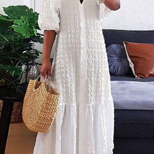Loose Vacation V neck Short sleeve Plain Long Dress, Maxi Dresses, color:White|size:XXL, Stylewe