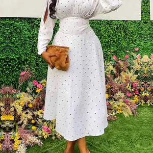 Elegant Half Turtleneck Long Sleeve Regular Fit Midi Dress, Maxi Dresses, color:White|size:XXL, Stylewe