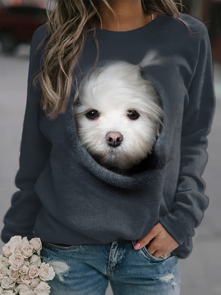 Dog Animal Regular Fit Cotton-Blend Casual Crew Neck Top, Shirts & Blouses, color:Gray|size:XXL, JustFashionNow