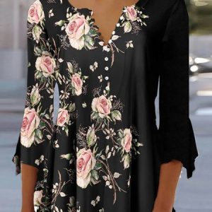 Floral Casual V Neck Loose Shirt, Shirts & Blouses, color:Black|size:XXL, JustFashionNow