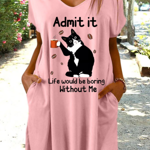Women's Funny Word Cat Lover Loose Casual Animal Dress, color:Pink|size:3XL, Lilicloth.com
