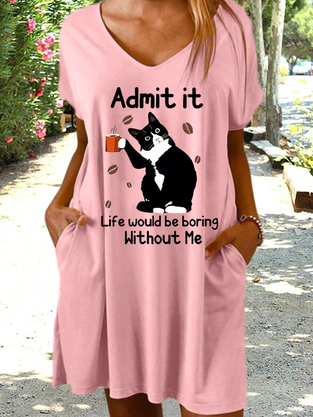 Women's Funny Word Cat Lover Loose Casual Animal Dress, Dresses, Lilicloth.com