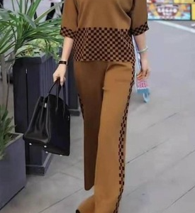 Split Joint Plaid Casual Crew Neck Top With Pants Two-Piece Set, Sets, color:Brown|size:4XL, Noracora