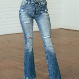 Casual Ripped Jeans Bell Bottoms Commuting Women's Clothing, Jeans, color:Blue|size:XXL, JustFashionNow