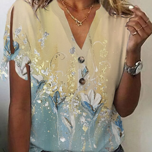 Floral Casual V Neck Loose Shirt, Shirts & Blouses, color:Blue|size:XXL, JustFashionNow