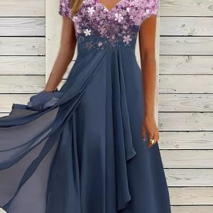 Elegant V Neck Floral Garden Party Dress, Formal Dresses, color:Blue|size:XXL, JustFashionNow