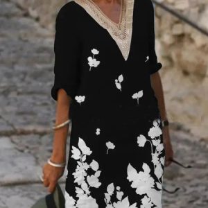Women Floral Crew Neck Three Quarter Sleeve Comfy Casual Short Dress, Short, color:Black|size:3XL, Noracora