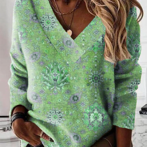 V Neck Printed Casual Sweatshirt, Sweatshirts & Hoodies, color:Green|size:XXL, JustFashionNow