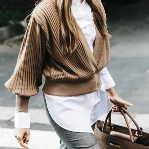 Urban  Plain Long Sleeve Pleated Cardigan, Cardigans, color:Khaki|size:XXL, Stylewe