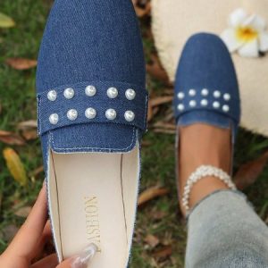 Women Faux Pearl Decor Denim Square Toe Flat Mules, Flats, color:Deep Blue|size:43, JustFashionNow