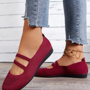 Soft and Comfortable Breathable Flyknit Mary Jane Flats, Flats, color:Wine Red|size:43, JustFashionNow