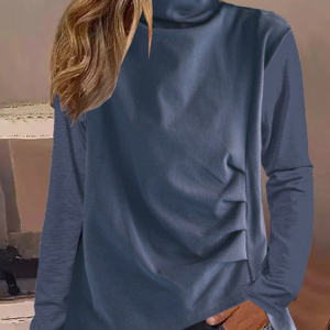 Turtleneck Long Sleeve Plain Irregular Craftsmanship Regular Micro-Elasticity Loose Shirt For Women, Blouses, color:Blue|size:4XL, Noracora