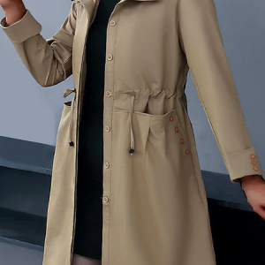 Shawl Collar Long Sleeve Plain Drawstring Regular Loose Trench Coat For Women, Trench coat, color:Khaki|size:3XL, Noracora
