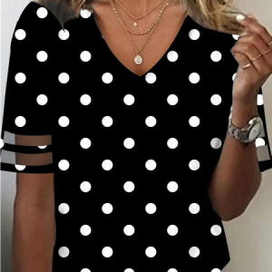 Casual Polka Dots V Neck Shirt, Shirts & Blouses, color:Black|size:XXL, JustFashionNow