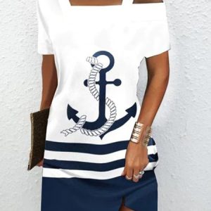 Women's A Line Dress Short Dress Short Sleeve Anchor Print Summer Cold Shoulder Dress, Short, color:White|size:XXL, catalog Noracora shop