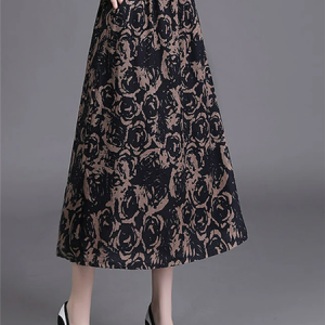 Vintage Floral Pattern A-Line High Waist Maxi Skirt, Skirts, color:Black-coffee|size:XXL, Noracora