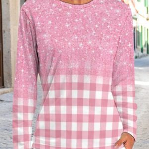 Casual Plaid Crew Neck Long Sleeve T-shirt, T-shirts, color:Pink|size:5XL, Noracora