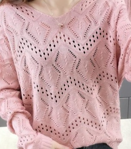 Women Yarn/Wool Yarn Plain Long Sleeve Comfy Casual Hollow Out Sweater, Sweaters, color:Pink|size:3XL, Noracora