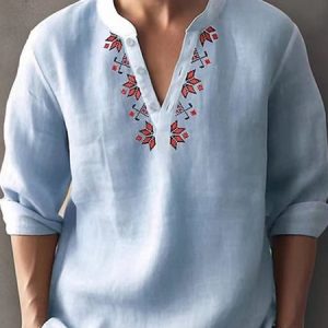 Casual Floral V Neck Regular Fit Shirt, Shirts ＆ Blouse, color:Sky Blue|size:3XL, JustFashionNow