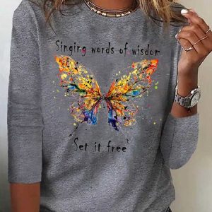 plus size Butterfly Long sleeve Loose Casual T-Shirt, TOPS, color:Gray|size:4X, catalog Noracora shop