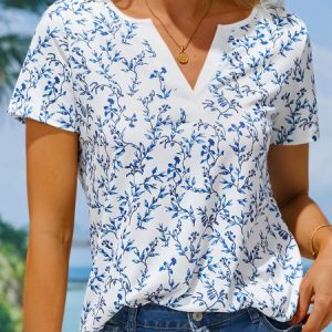 V Neck Loose Floral Casual T-Shirt, T-Shirts, color:White|size:XXL, JustFashionNow