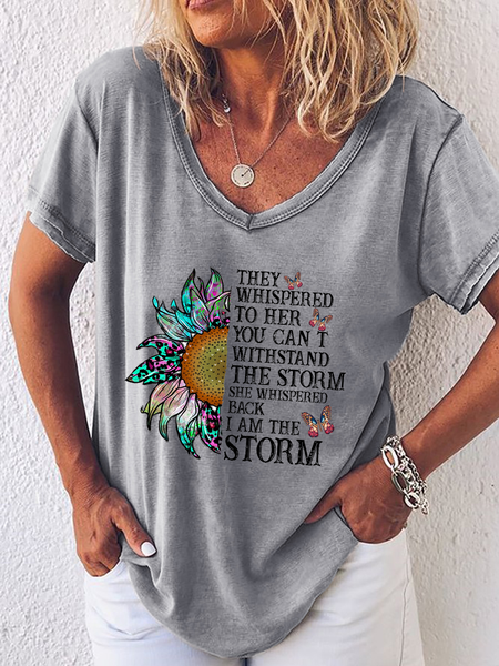 Women's They Whispered To Her You Cannot Withstand The Storm Loose Simple Butterfly V Neck T-Shirt, color:Gray|size:3XL, Lilicloth.com