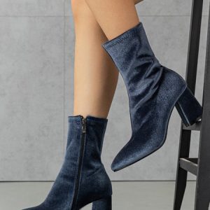 Navy Blue Zipper Side Point Toe Flocked Chunky Heeled Fashion Boots, Boots, color:Navyblue|size:42, Stylewe