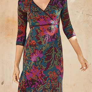 Women Floral V Neck Three Quarter Sleeve Comfy Boho Midi Dress, Dresses, color:Multicolor|size:XXL, Noracora