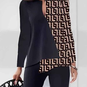 V Neck Geometric Print Loose Urban Shirt, Blouses and Shirts, color:Black|size:XXL, Stylewe