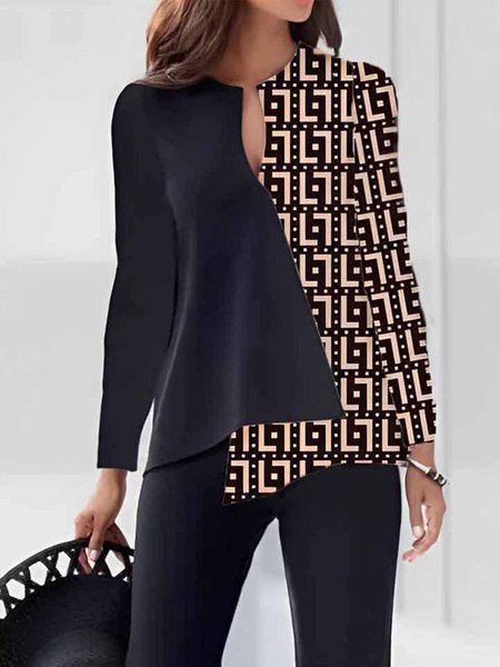 V Neck Geometric Print Loose Urban Shirt, Blouses and Shirts, color:Black|size:XXL, Stylewe