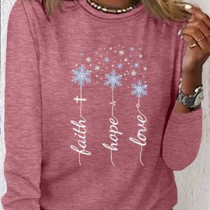 Women's Faith Hope Love Snowflakes Casual Crew Neck Shirt, color:Pink|size:3XL, Lilicloth.com
