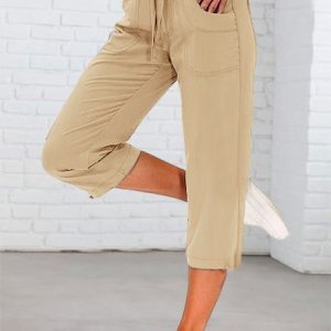 Plain Drawstring Loose Casual Pants, Pants, color:Khaki|size:XXL, JustFashionNow