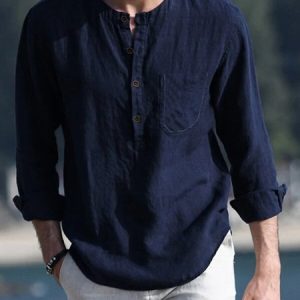 Half Open Collar Loose Casual Cotton And Linen Shirt, Shirts & Blouse, color:Deep Blue|size:L, JustFashionNow