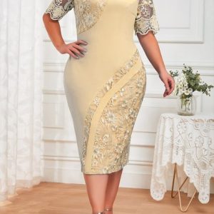 Plain Embroidery Lace Crew Neck Party Dress, DRESSES, color:Yellow|size:5XL, Noracora