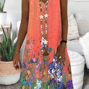 Loose Casual V Neck Floral Dress, Midi, color:Multicolor|size:XXL, Noracora