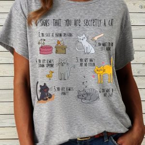 Women's Six signs that you are secretly a cat crazy cat lady Letters Casual T-Shirt, T-shirts, Lilicloth.com