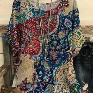 Crew Neck Casual Loose Ethnic Shirt, Shirts & Blouses, color:Blue|size:XXL, JustFashionNow
